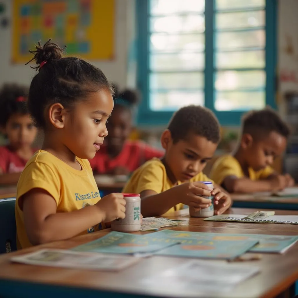 Crianças brasileiras em atividade de educação financeira