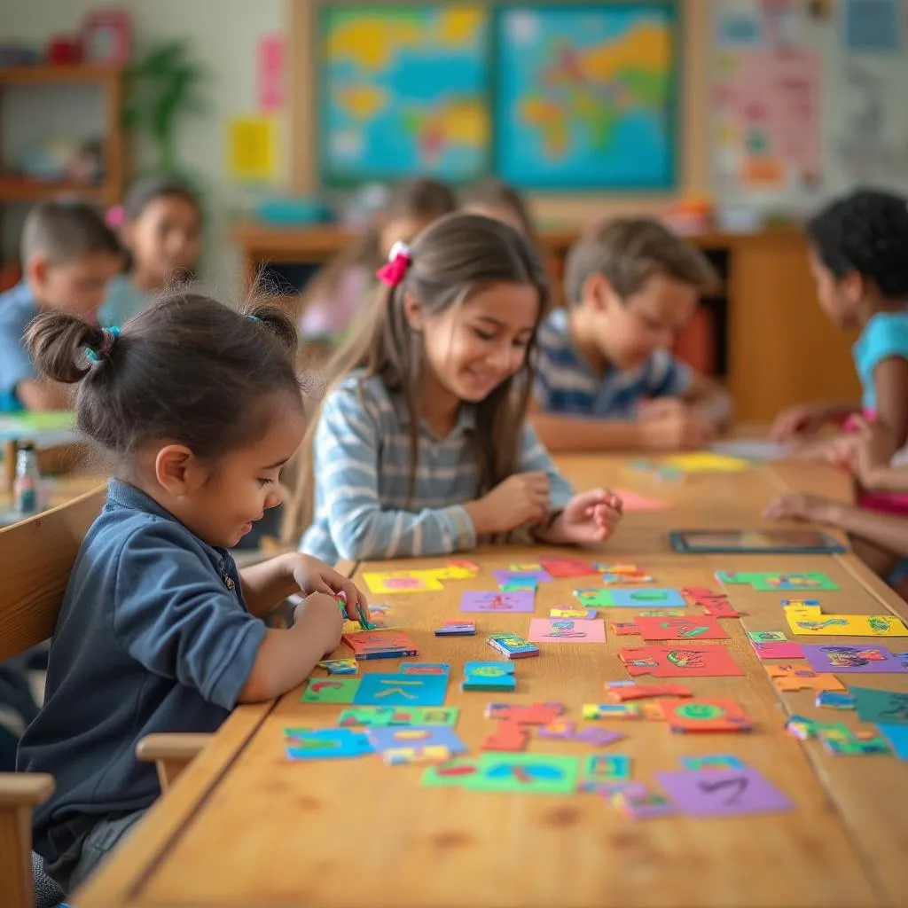 Crianças jogando jogo de tabuleiro educativo
